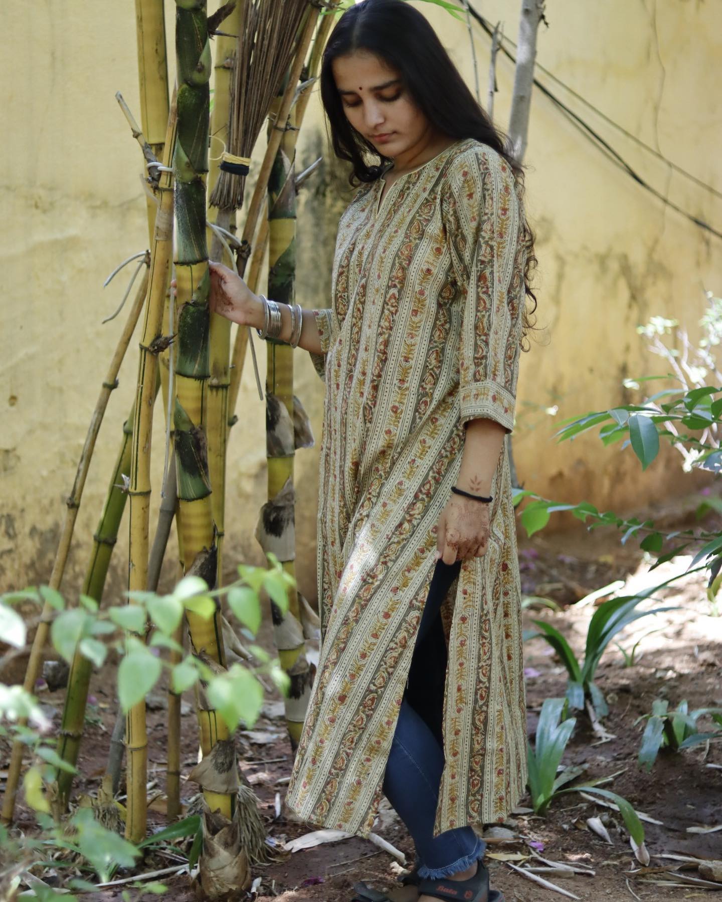 Harmonious Stripes: Cream, Black, Yellow & Red Cotton Kalamkari Kurta