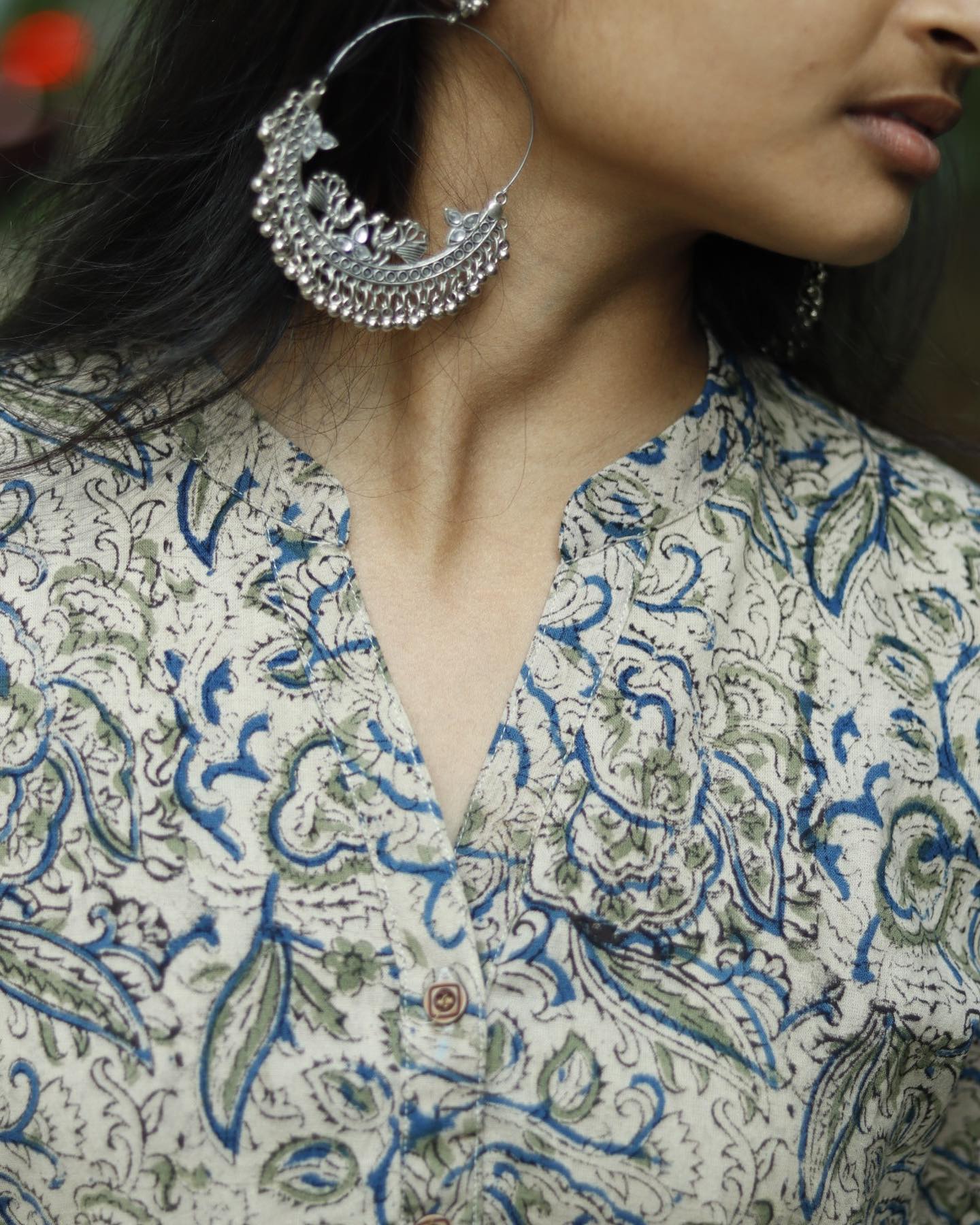 Mystic Vines Kurta White, Green & Indigo Cotton Kalamkari Kurta