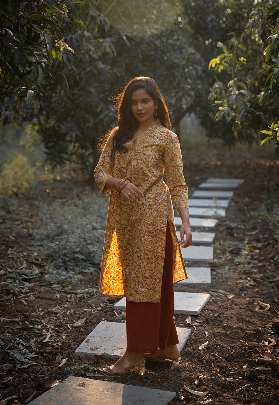 Amaya Straight Cut Hand block Printed Mustard Floral Cord Set