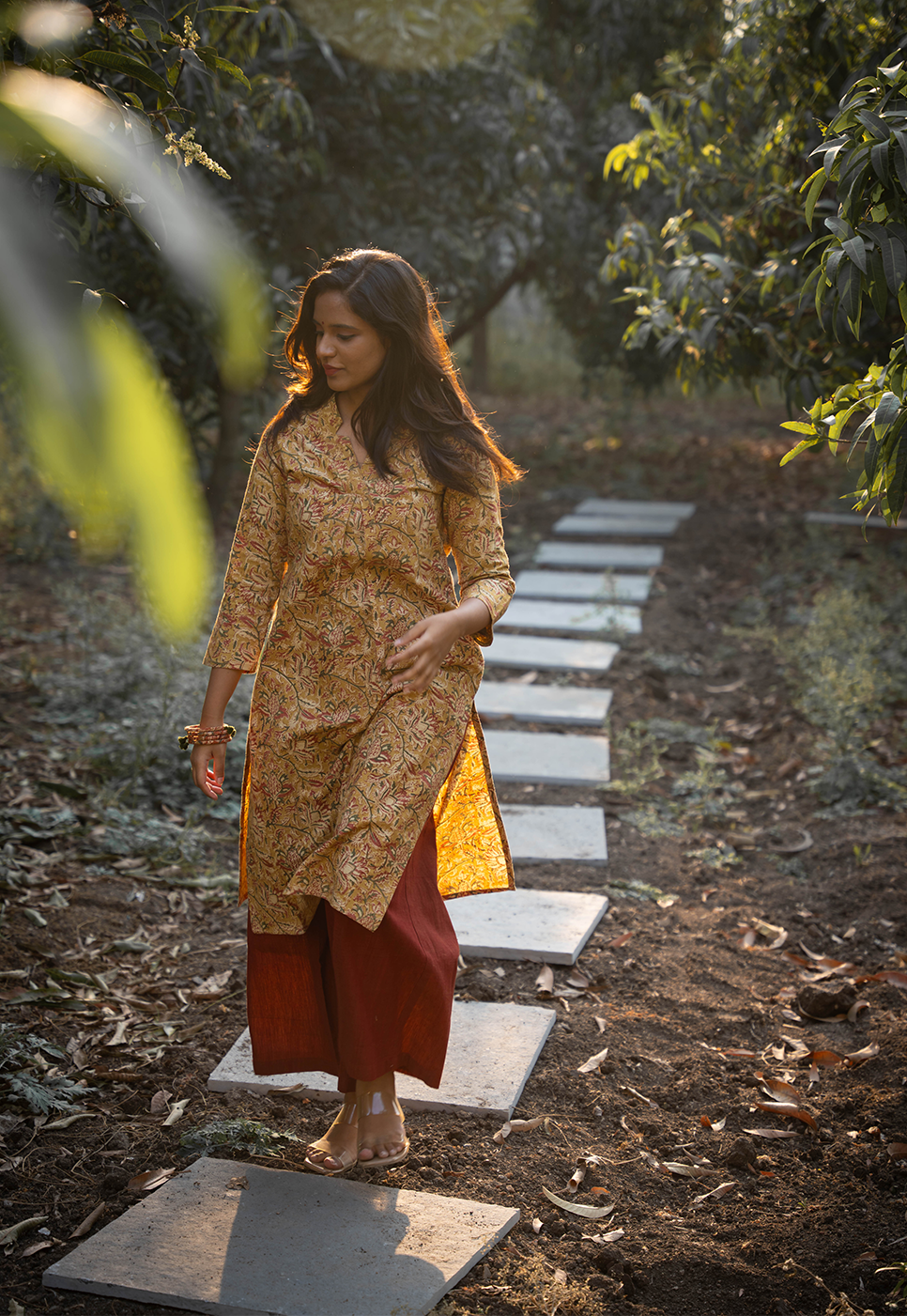 Amaya Straight Cut Hand block Printed Mustard Floral Cord Set