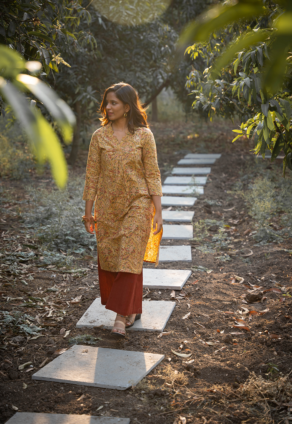 Amaya Straight Cut Hand block Printed Mustard Floral Cord Set
