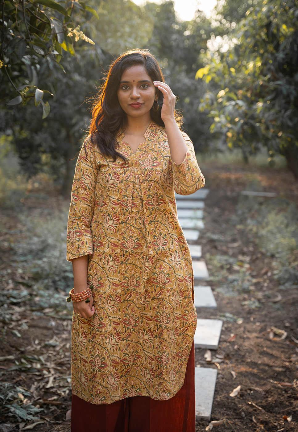 Amaya Straight Cut Hand block Printed Mustard Floral Cord Set