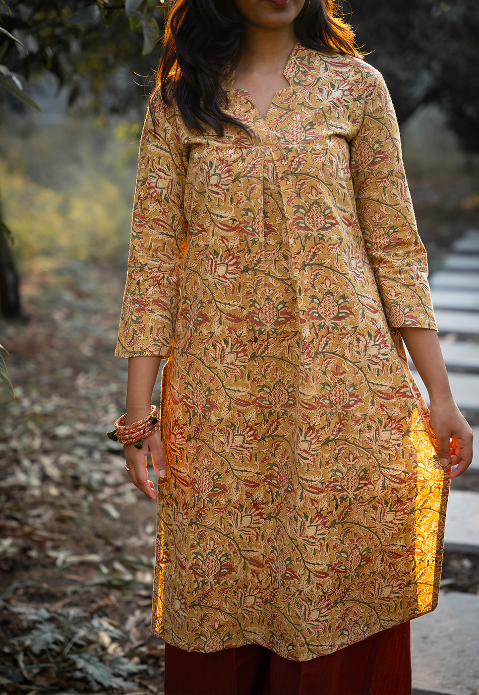 Amaya Straight Cut Hand block Printed Mustard Floral Cord Set