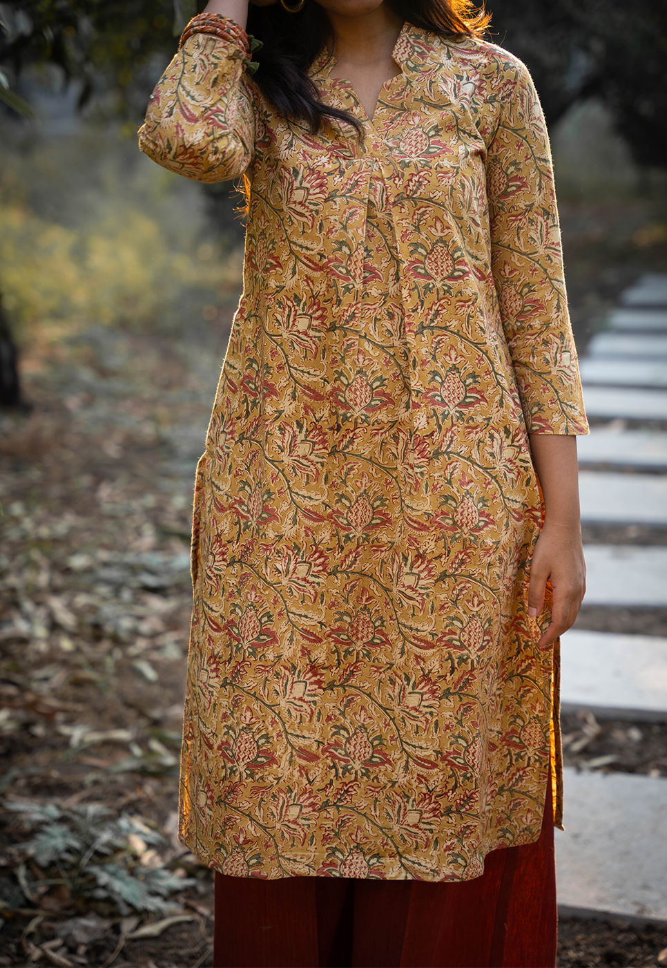 Amaya Straight Cut Hand block Printed Mustard Floral Cord Set