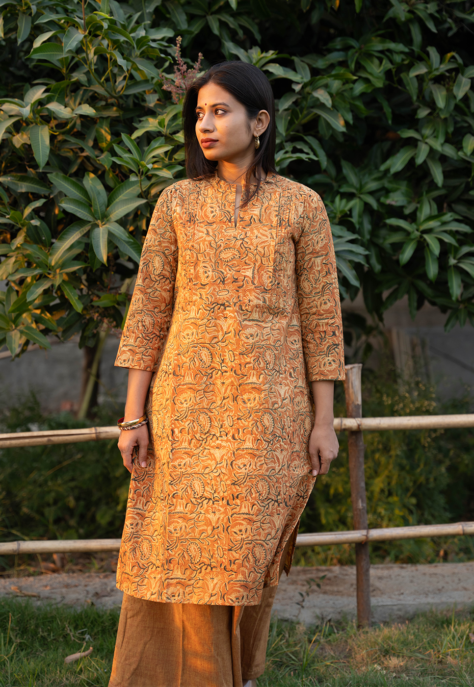 Tara Straight Cut Hand block Printed Orange Paisley & Floral Cord Set