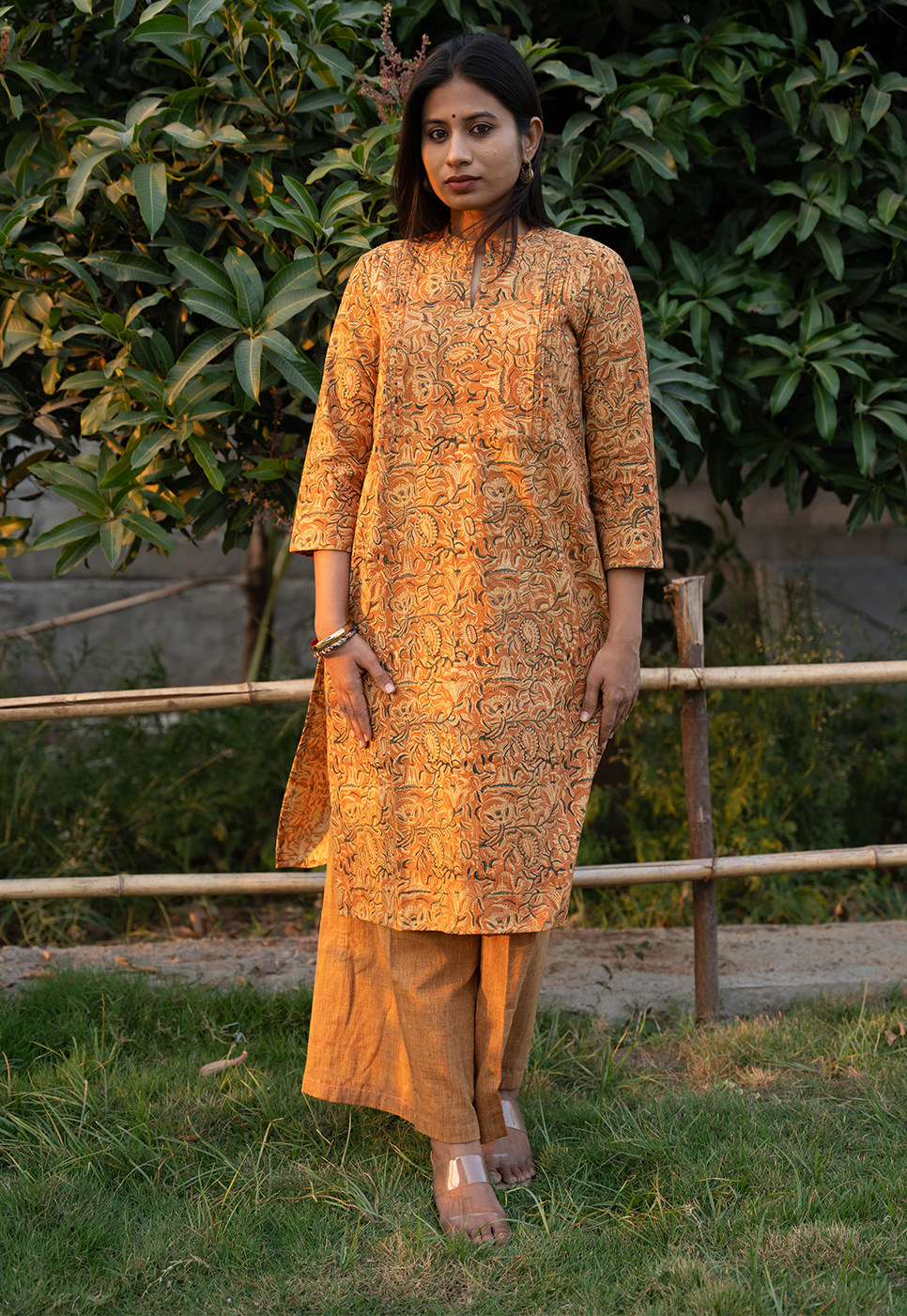 Tara Straight Cut Hand block Printed Orange Paisley & Floral Cord Set