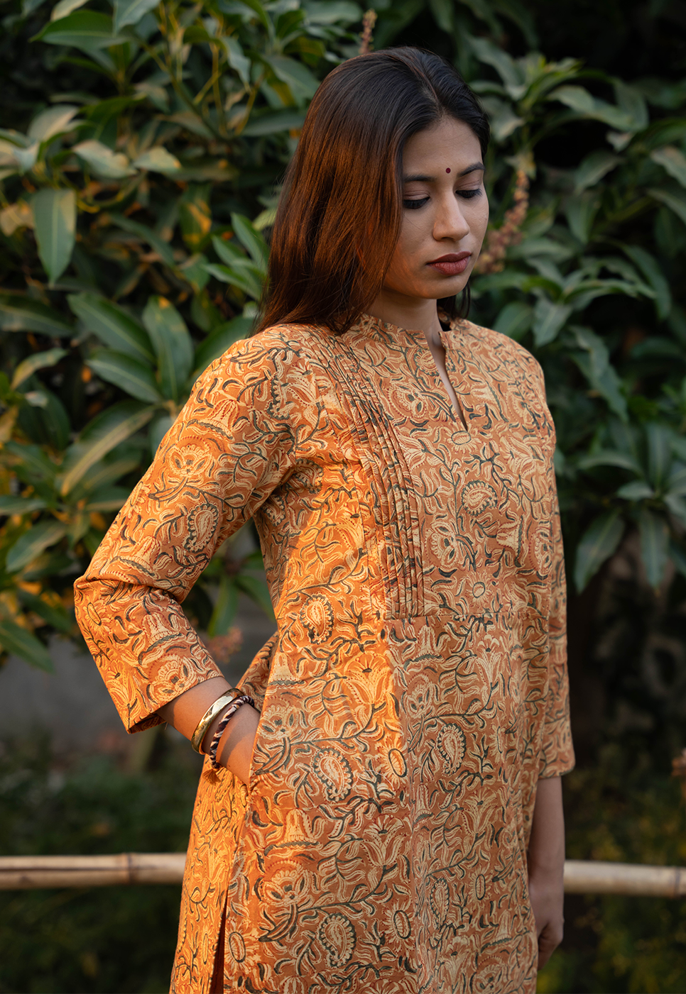Tara Straight Cut Hand block Printed Orange Paisley & Floral Cord Set