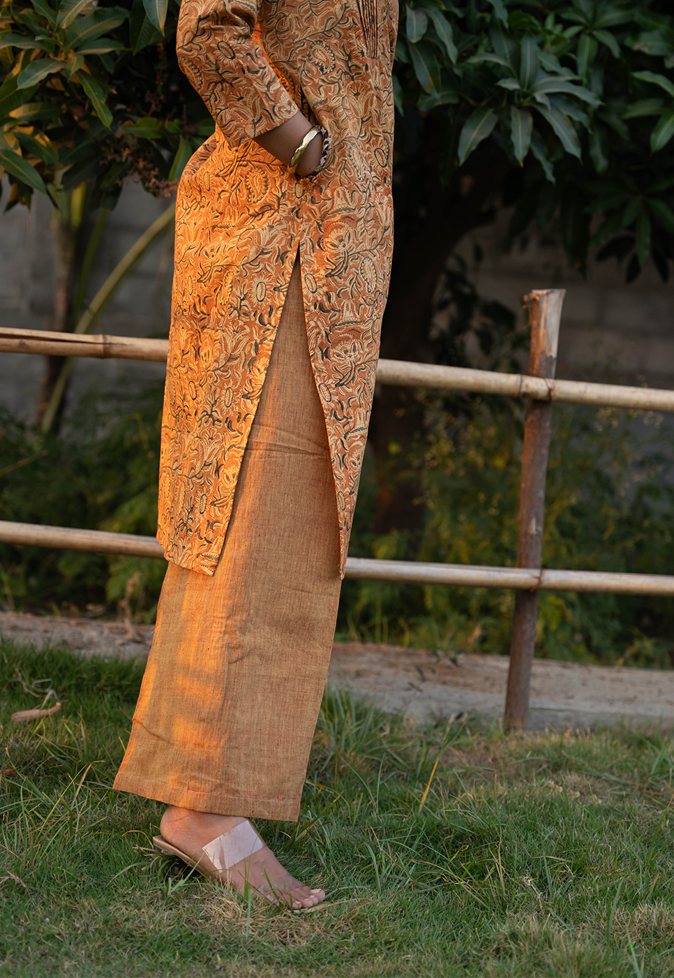 Tara Straight Cut Hand block Printed Orange Paisley & Floral Cord Set