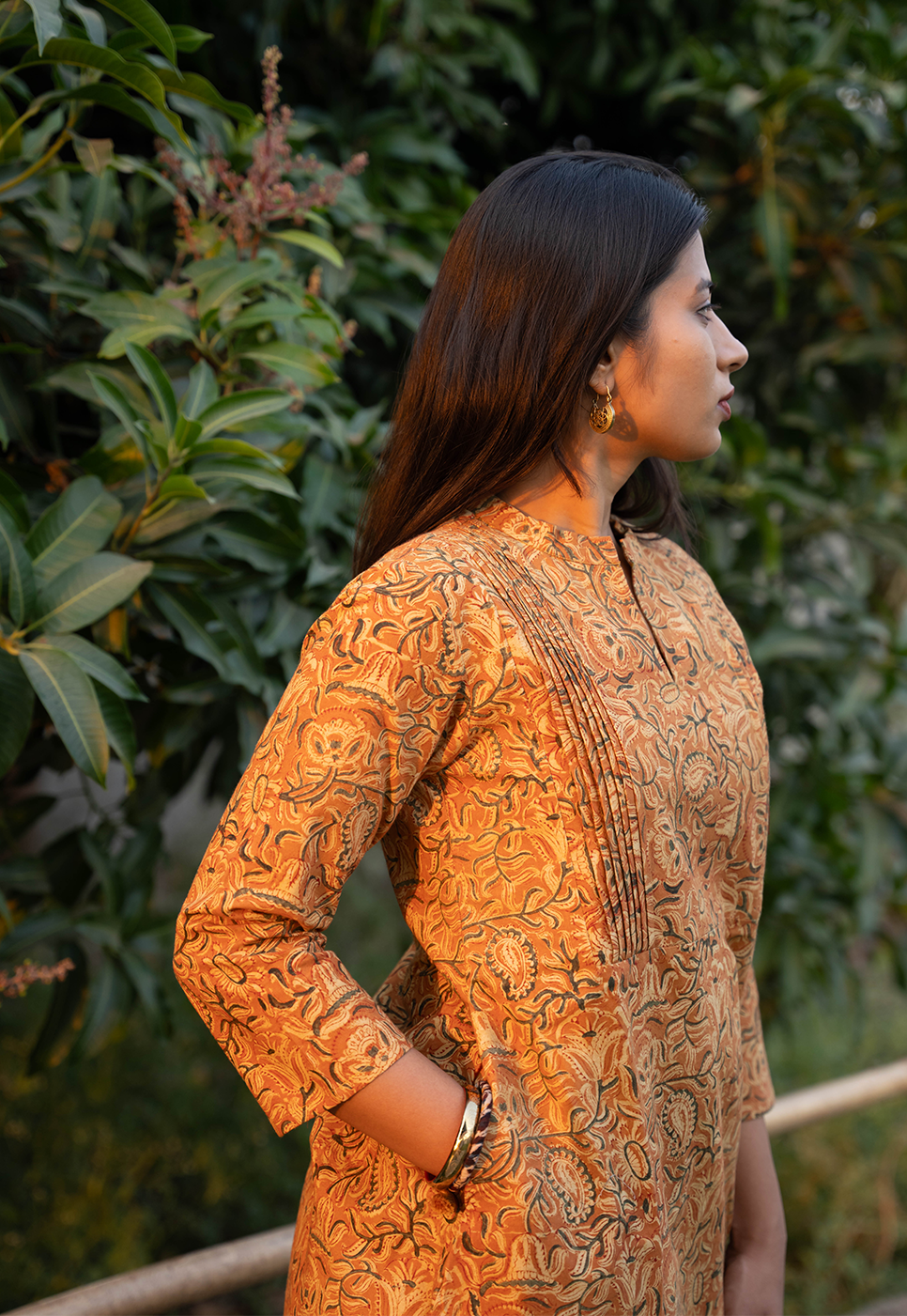 Tara Straight Cut Hand block Printed Orange Paisley & Floral Cord Set