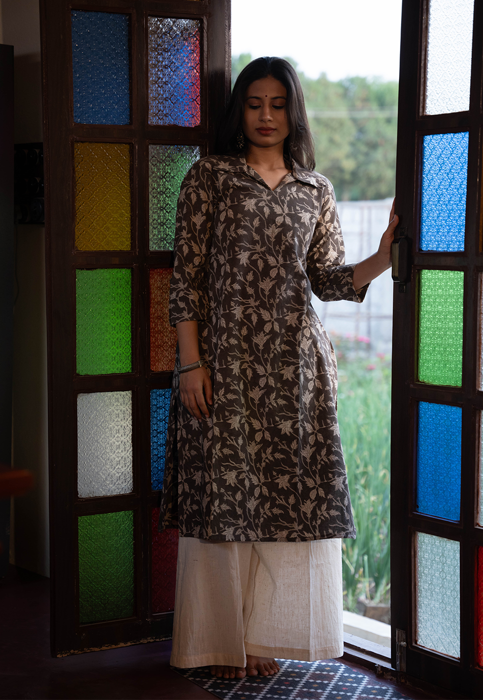 Noor White Flower on Black Kurta w White Handloom Pant - Cord Set