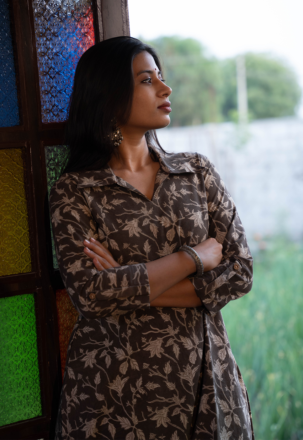 Noor White Flower on Black Kurta w White Handloom Pant - Cord Set