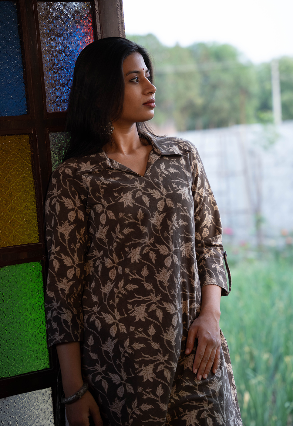 Noor White Flower on Black Kurta w White Handloom Pant - Cord Set