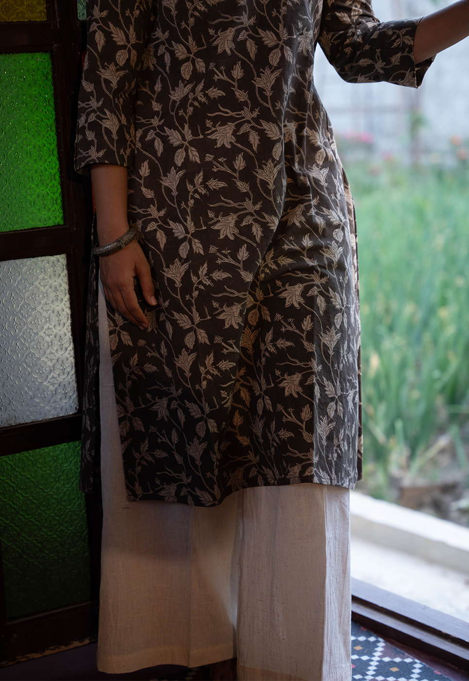 Noor White Flower on Black Kurta w White Handloom Pant - Cord Set