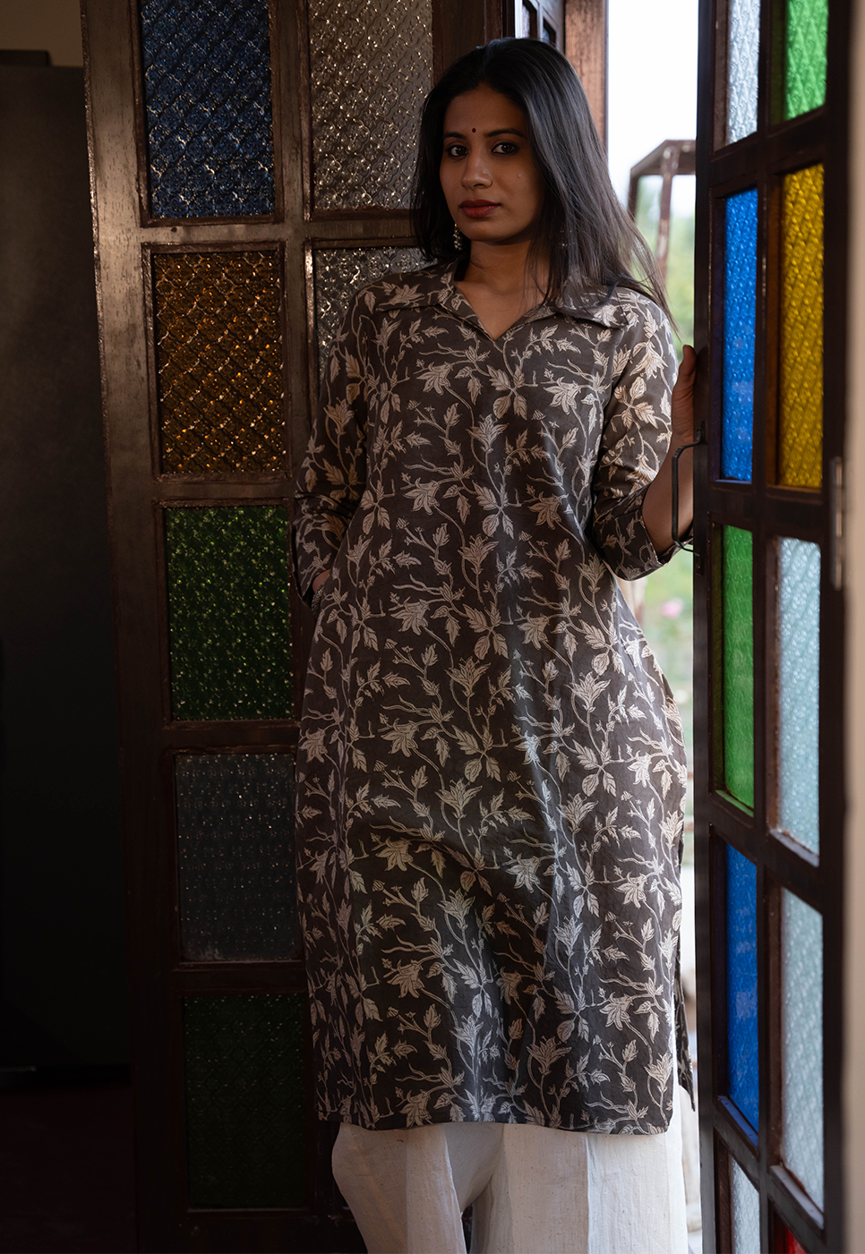 Noor White Flower on Black Kurta w White Handloom Pant - Cord Set