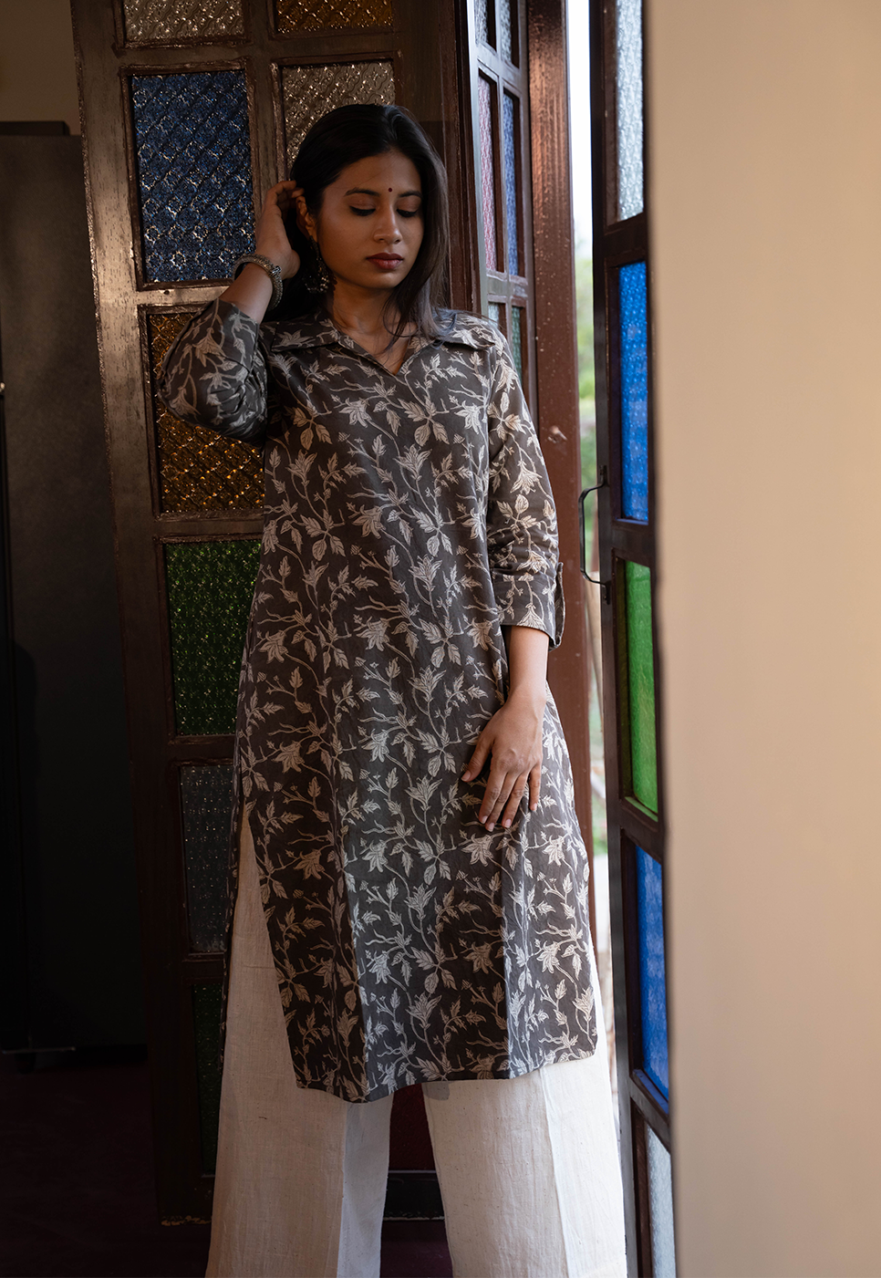Noor White Flower on Black Kurta w White Handloom Pant - Cord Set