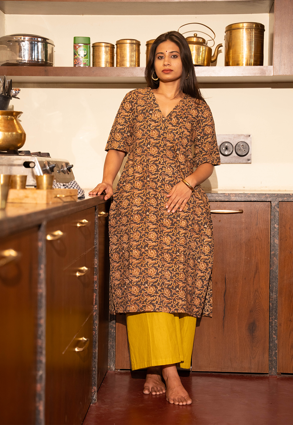 Kaia Straight Cut Hand block Printed Black & Mustard Floral Cord Set