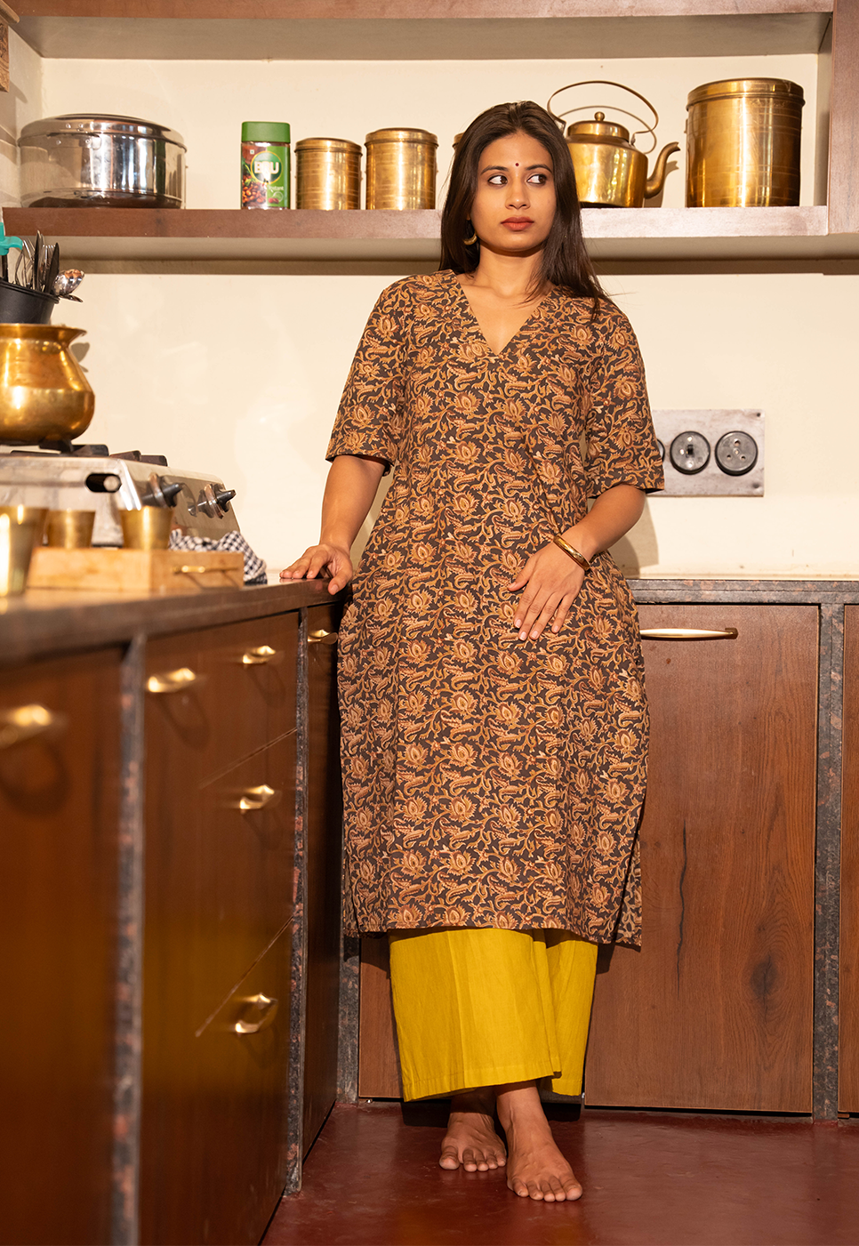 Kaia Straight Cut Hand block Printed Black & Mustard Floral Cord Set