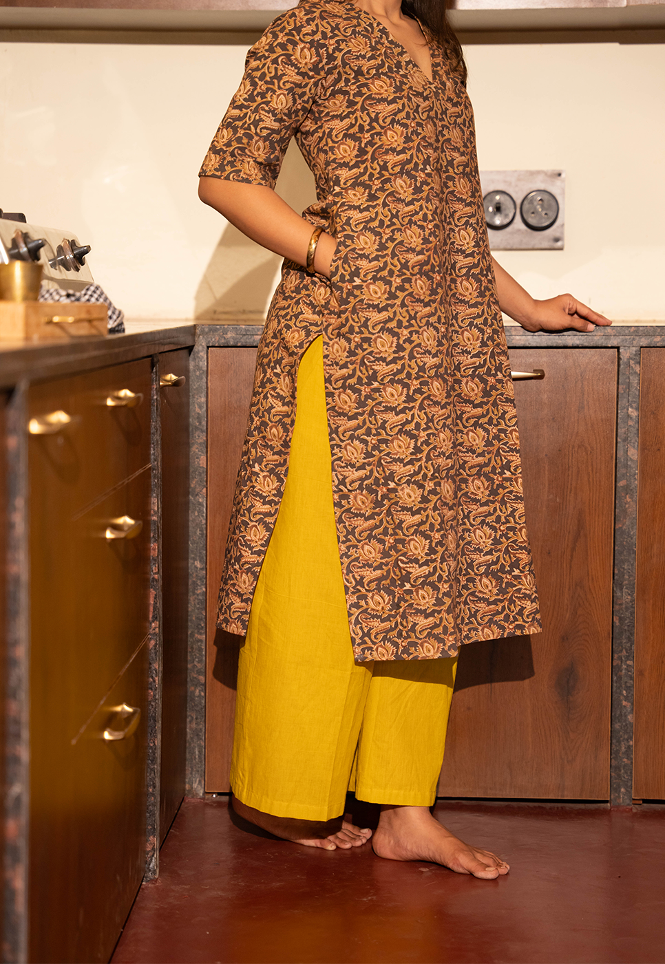 Kaia Straight Cut Hand block Printed Black & Mustard Floral Cord Set