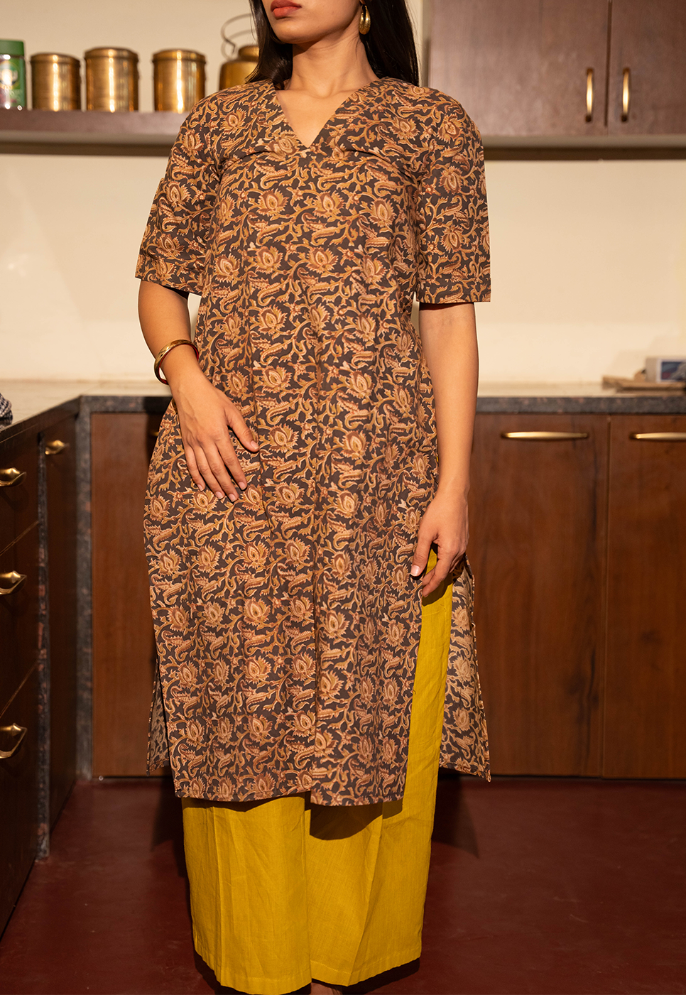 Kaia Straight Cut Hand block Printed Black & Mustard Floral Cord Set