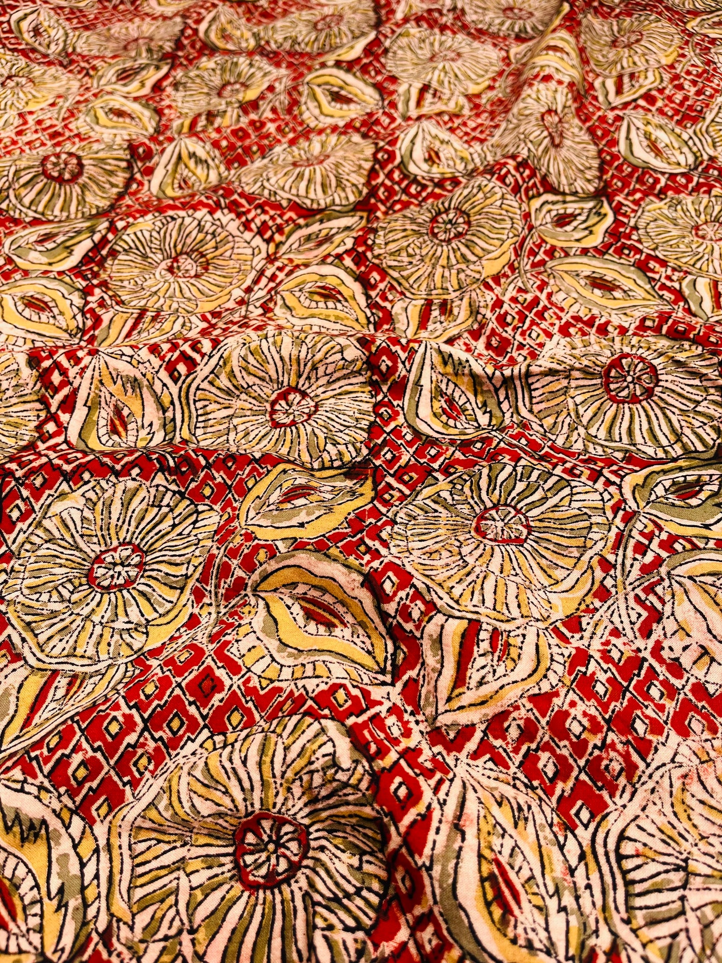 Radiant Spice Blossoms Handblock Kalamkari Fabric