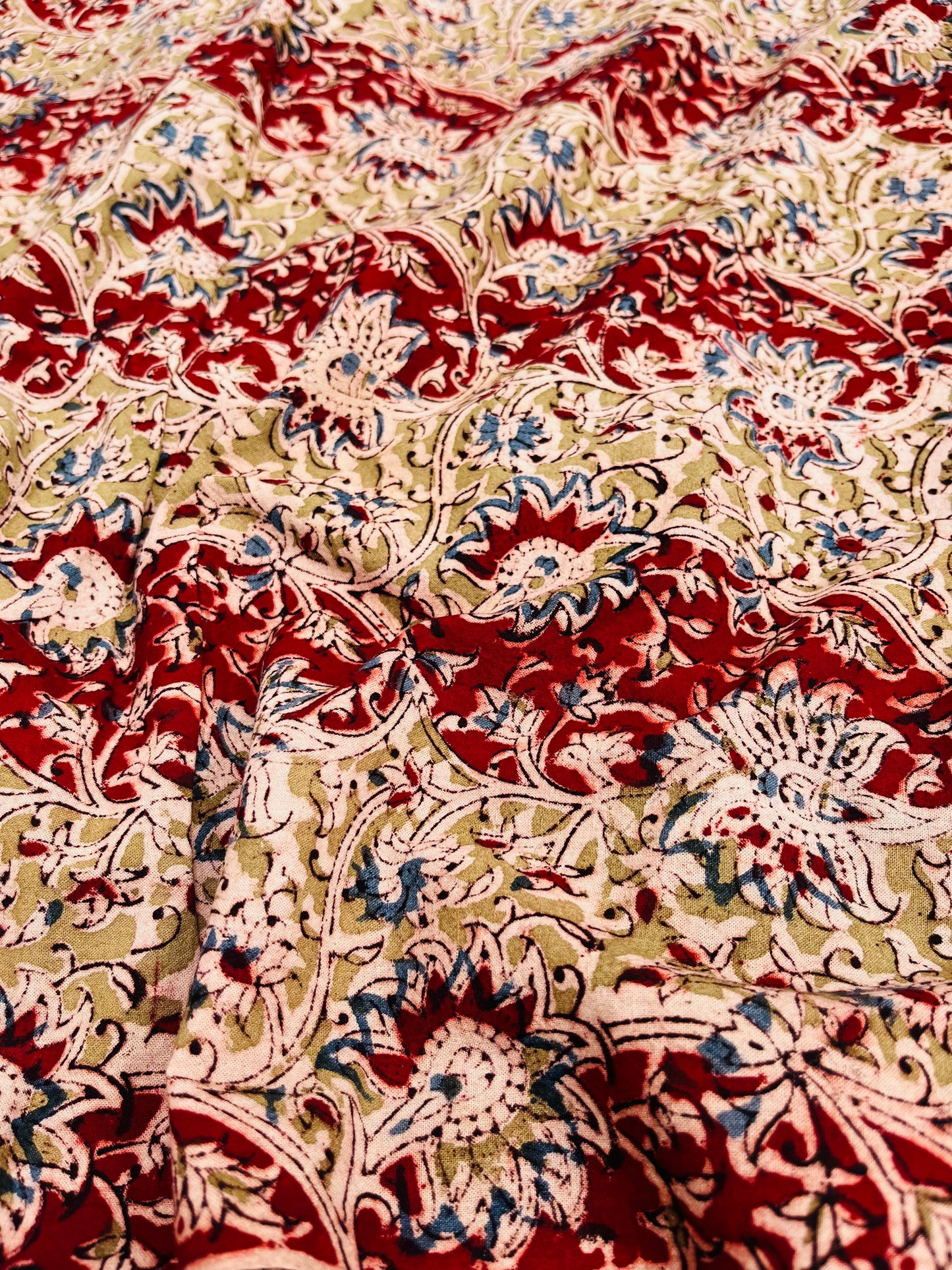 Botanical Elegance: Mustardish Green & Indigo Floral Kalamkari Fabric