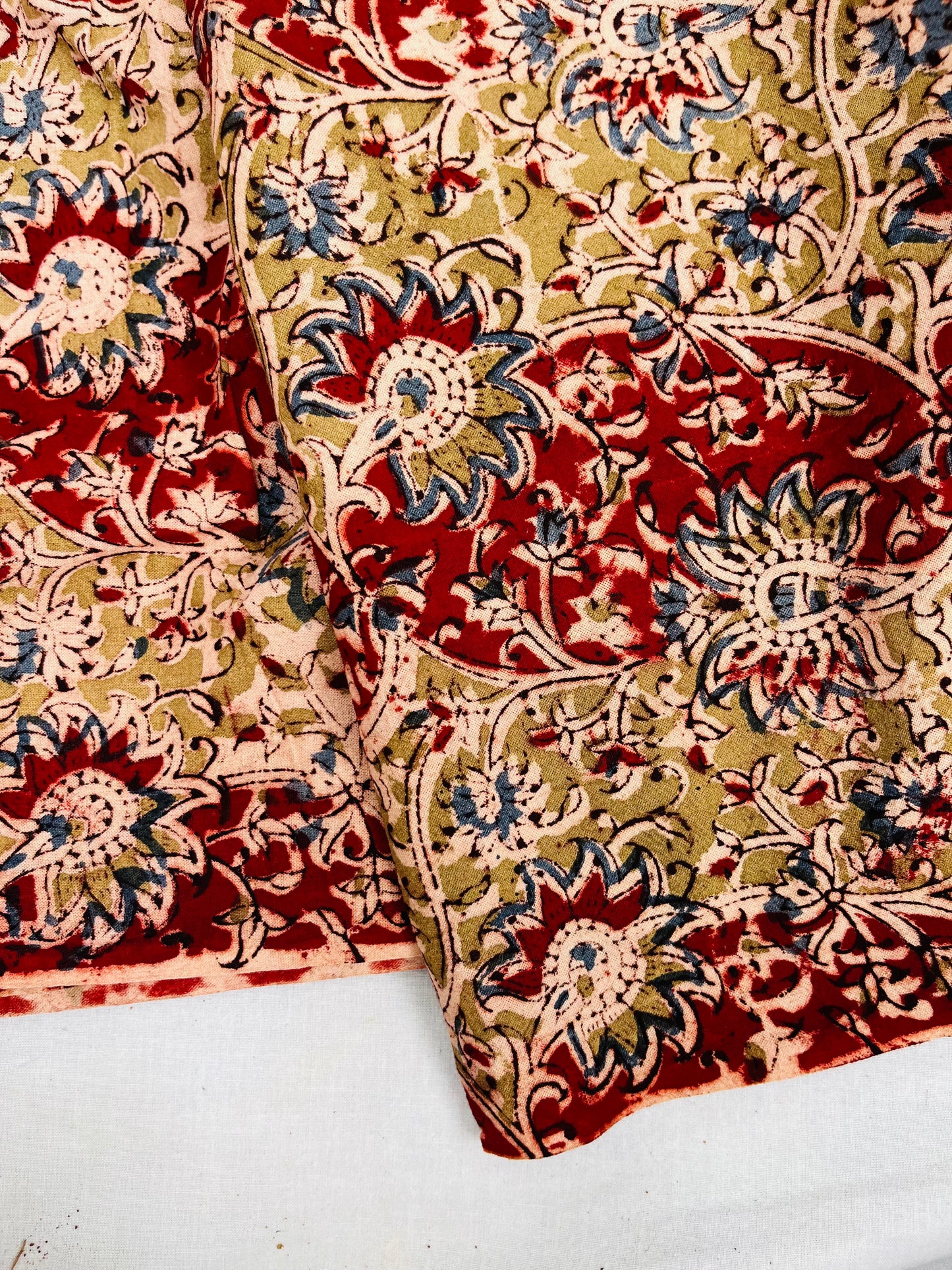 Botanical Elegance: Mustardish Green & Indigo Floral Kalamkari Fabric