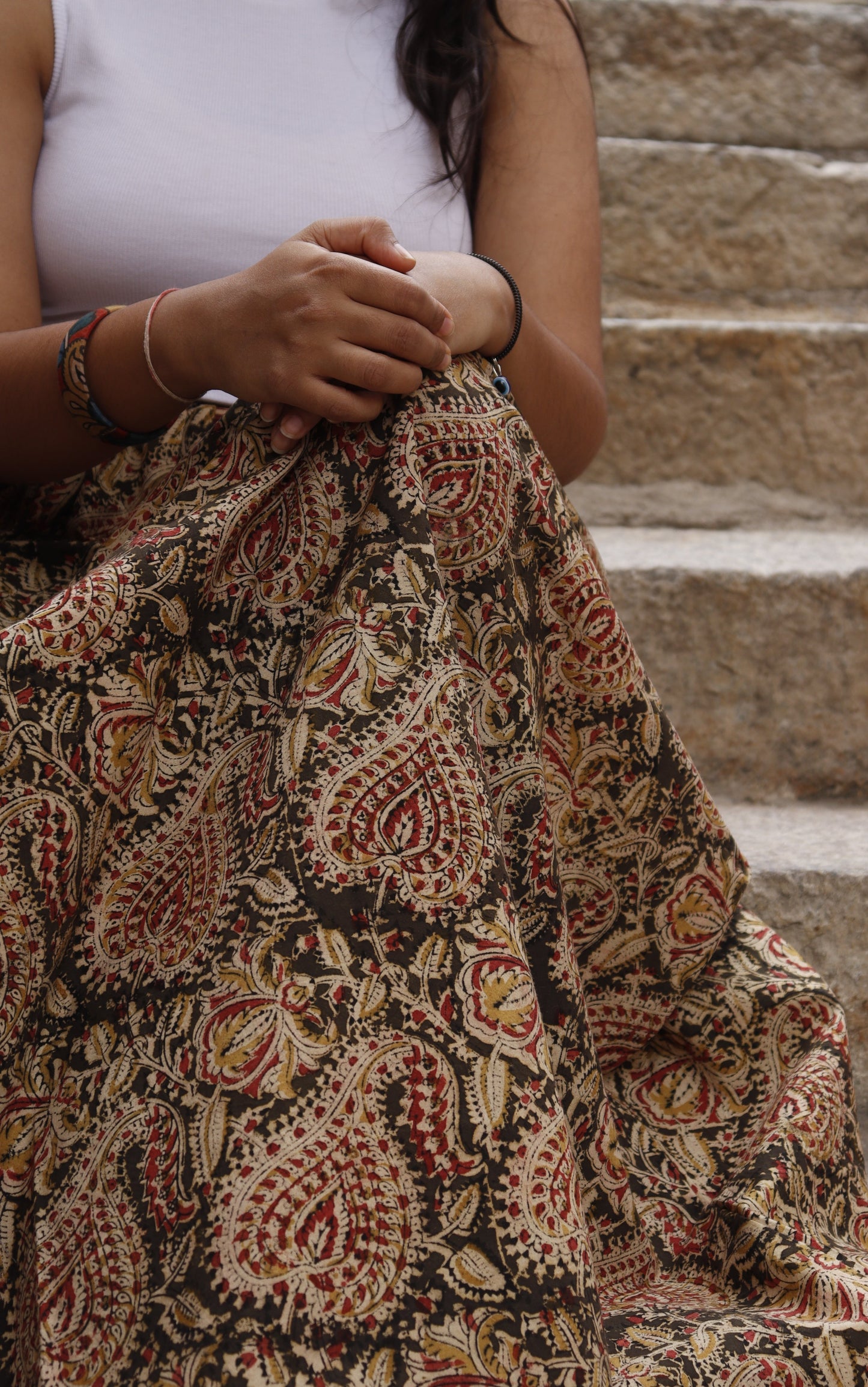 Manoranjan - Red and Cream Kalamkari Skirt