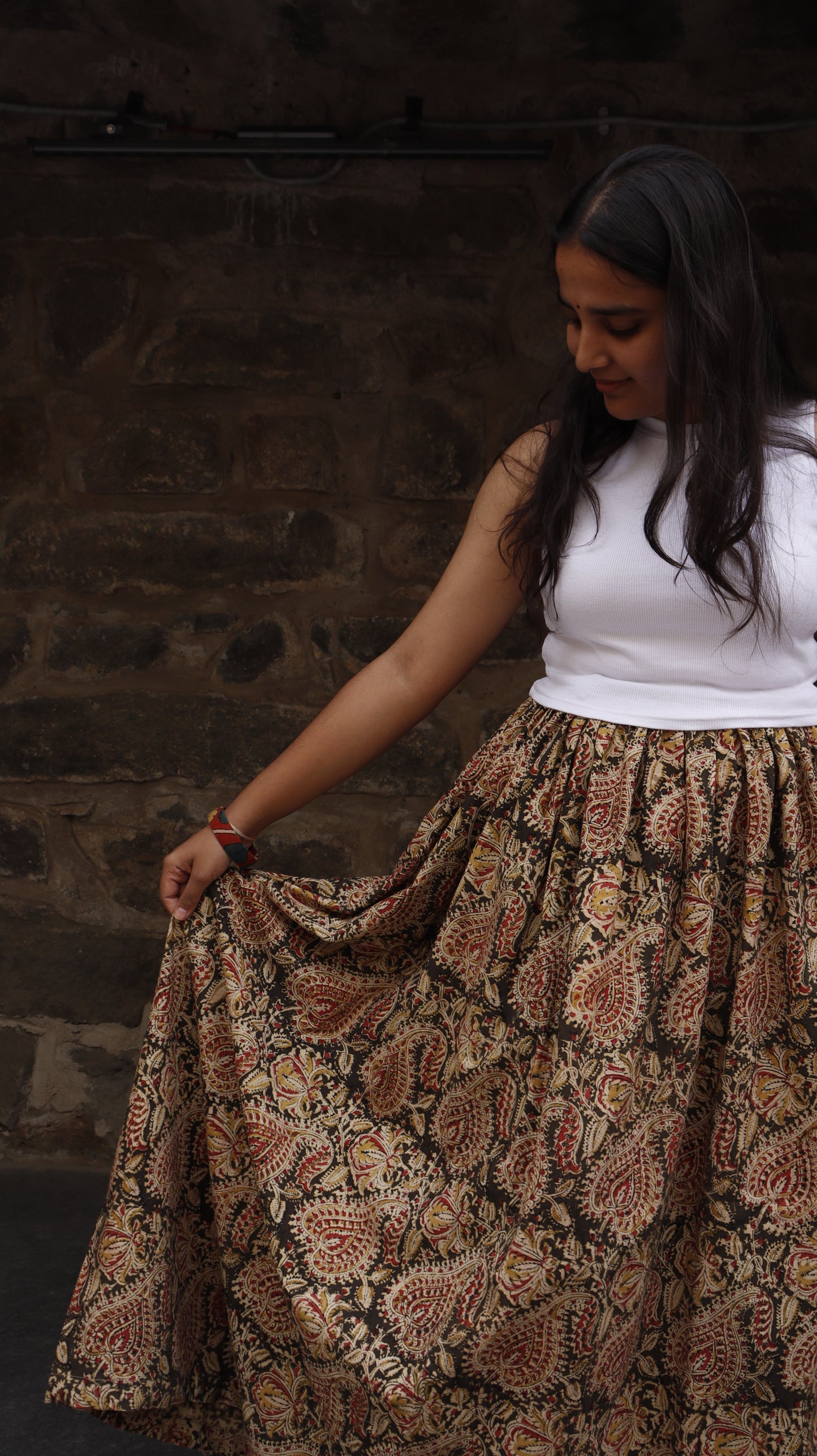 Manoranjan - Red and Cream Kalamkari Skirt