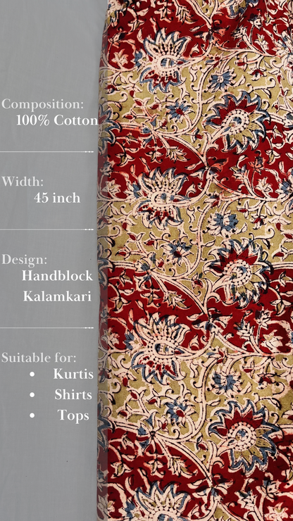 Botanical Elegance: Mustardish Green & Indigo Floral Kalamkari Fabric