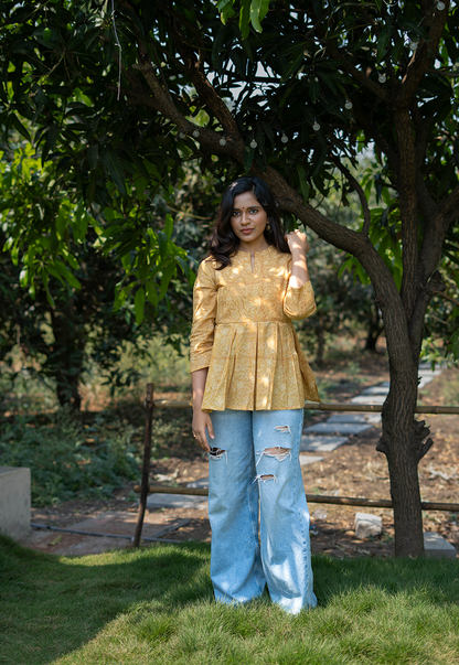 Chaya Mustard Hand Block Print Organic Cotton Short Top