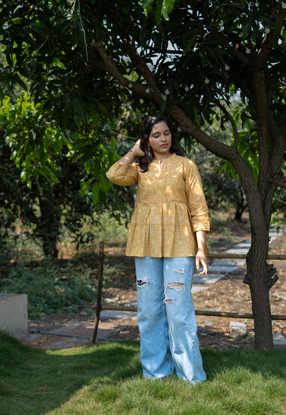 Chaya Mustard Hand Block Print Organic Cotton Short Top