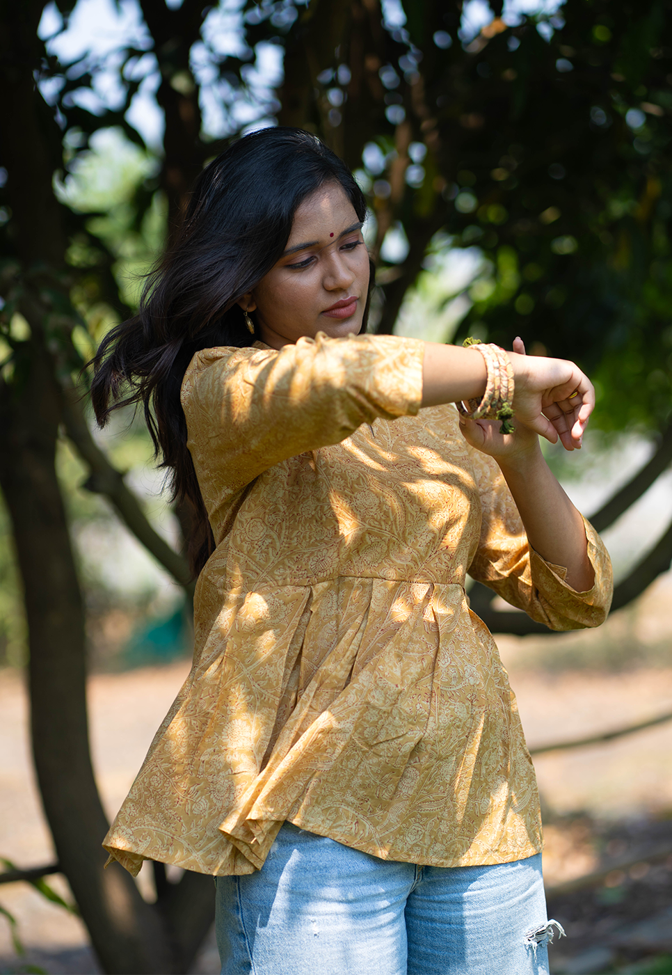 Chaya Mustard Hand Block Print Organic Cotton Short Top