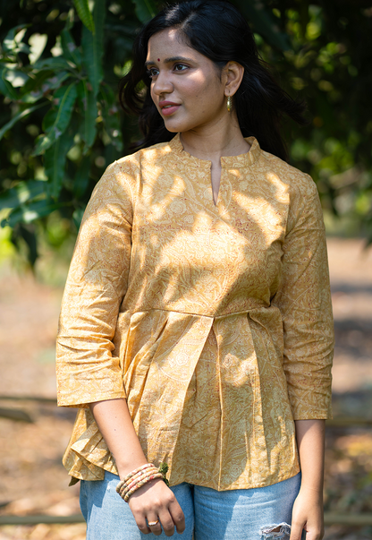 Chaya Mustard Hand Block Print Organic Cotton Short Top