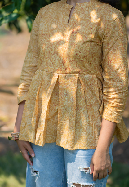 Chaya Mustard Hand Block Print Organic Cotton Short Top