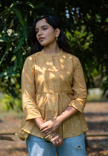 Chaya Mustard Hand Block Print Organic Cotton Short Top