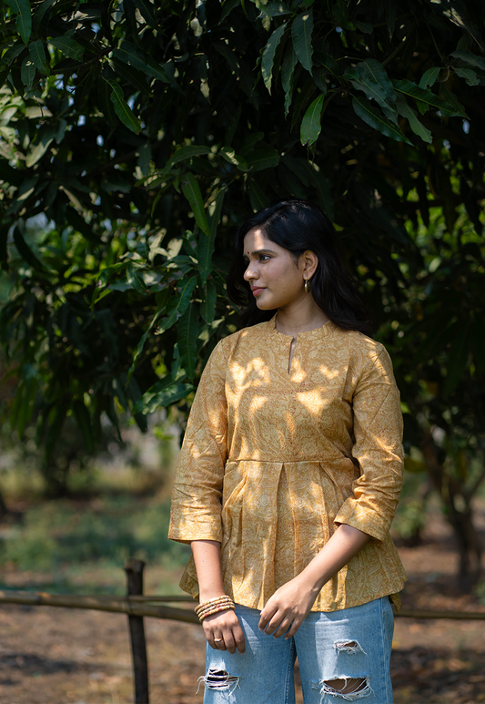 Chaya Mustard Hand Block Print Organic Cotton Short Top