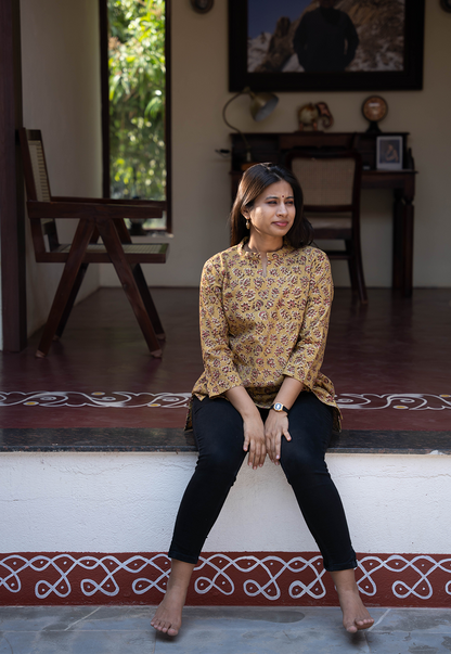 Maalini Mustard Hand Block Print Organic Cotton Short Top
