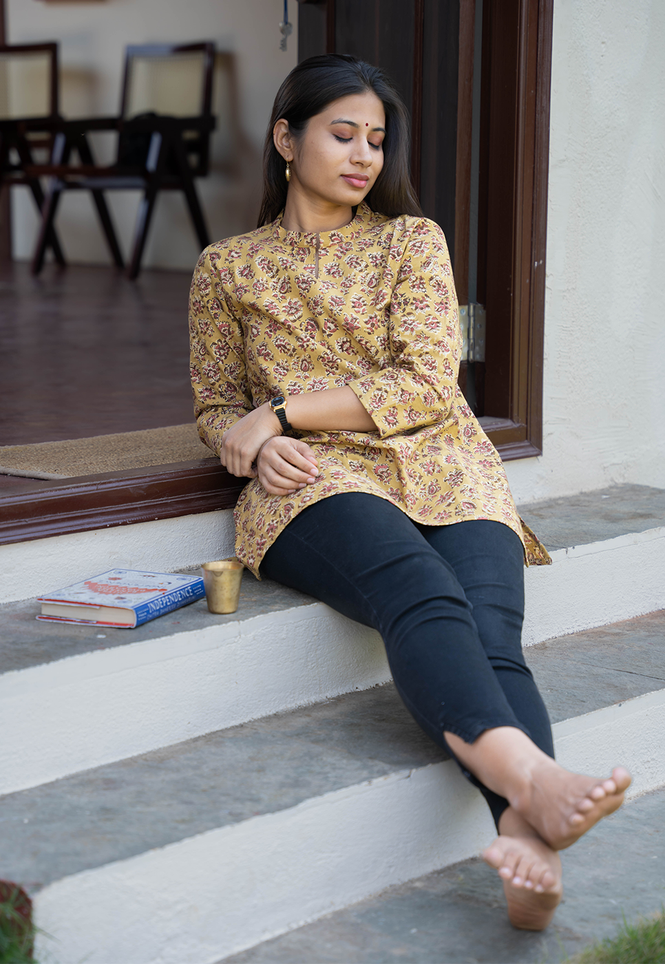 Maalini Mustard Hand Block Print Organic Cotton Short Top