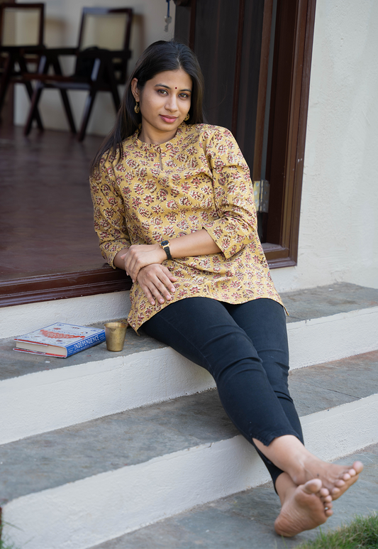 Maalini Mustard Hand Block Print Organic Cotton Short Top