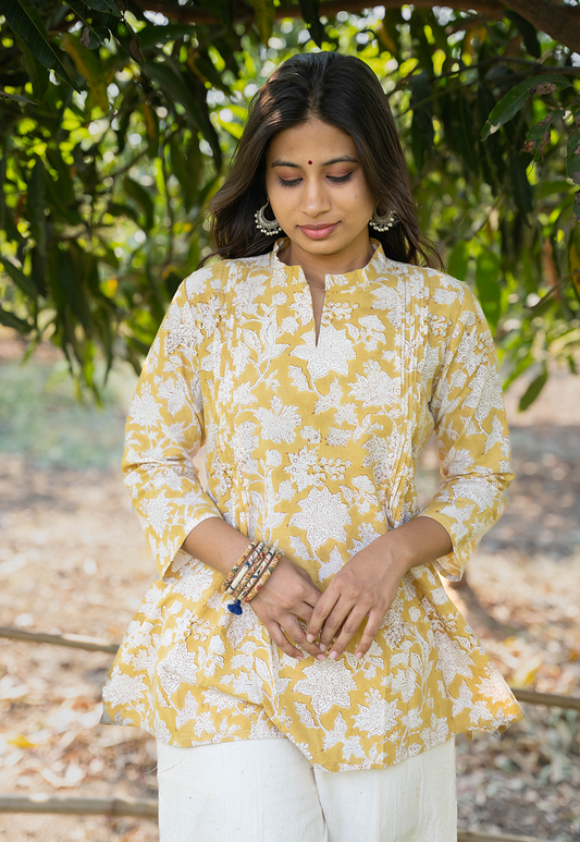 Aks Yellow Flower Hand Block Print Organic Cotton Short Top