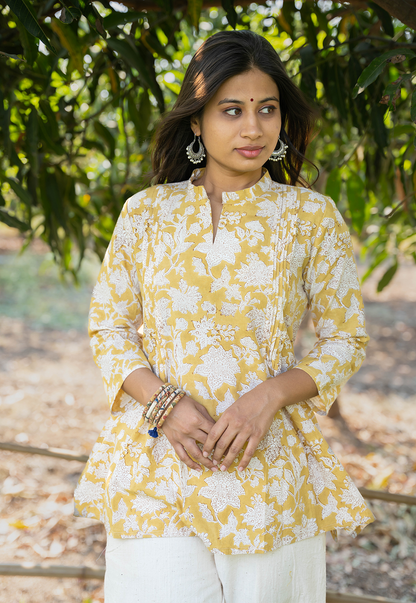 Aks Yellow Flower Hand Block Print Organic Cotton Short Top