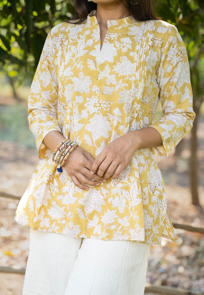 Aks Yellow Flower Hand Block Print Organic Cotton Short Top