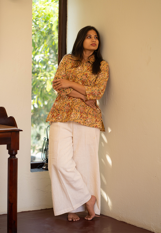 Mrinal Mustard Hand Block Print Organic Cotton Short Top