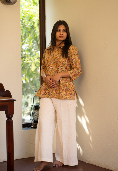 Mrinal Mustard Hand Block Print Organic Cotton Short Top