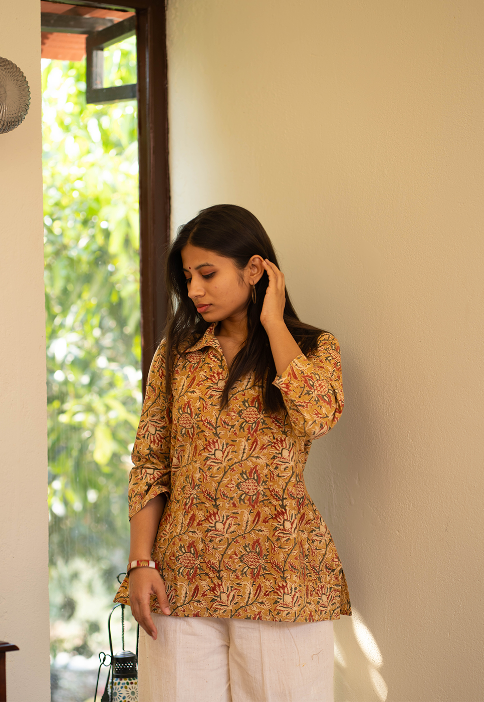 Mrinal Mustard Hand Block Print Organic Cotton Short Top