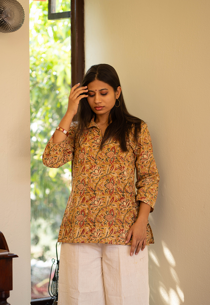 Mrinal Mustard Hand Block Print Organic Cotton Short Top