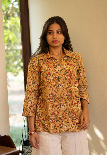 Mrinal Mustard Hand Block Print Organic Cotton Short Top