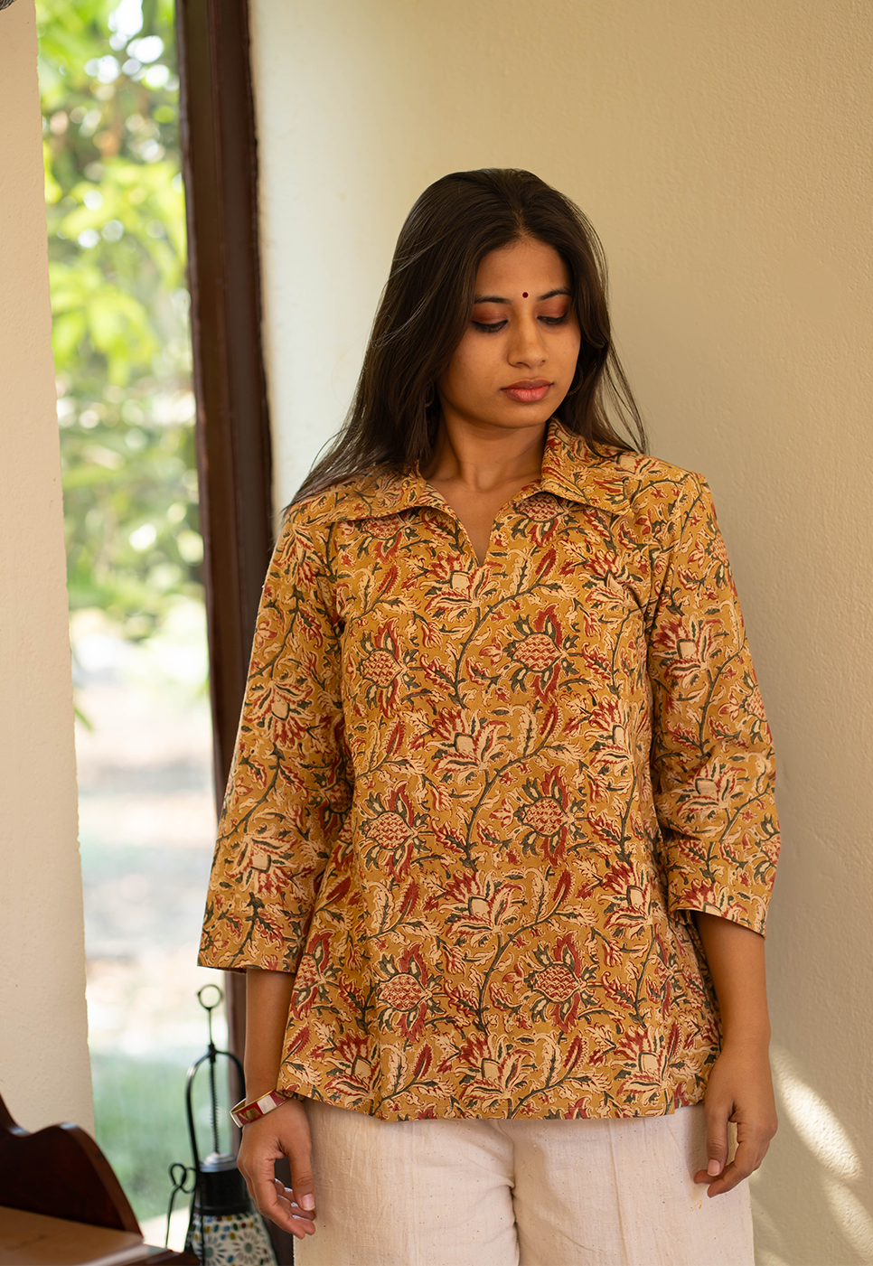 Mrinal Mustard Hand Block Print Organic Cotton Short Top