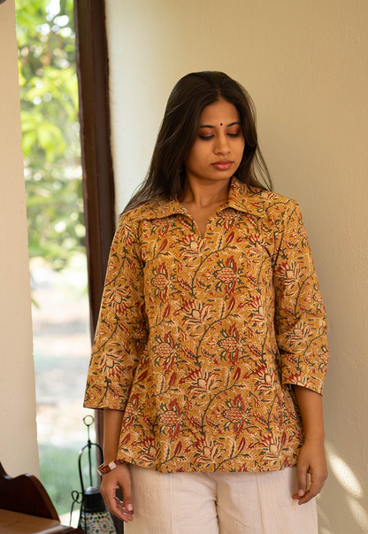 Mrinal Mustard Hand Block Print Organic Cotton Short Top
