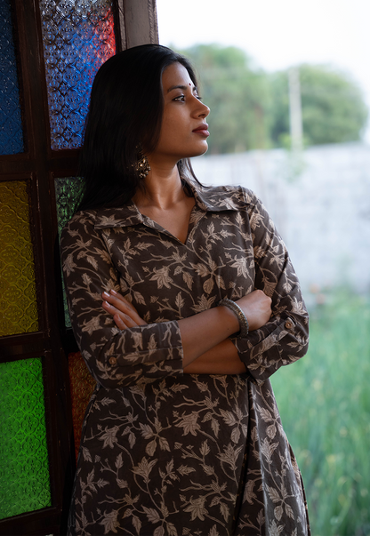 Noor White Flower on Black Kurta w White Handloom Pant - Cord Set